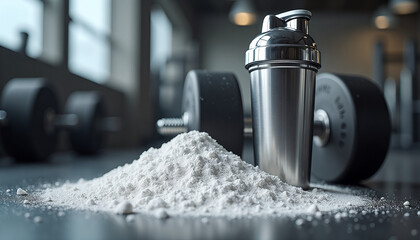 White creatine monohydrate powder with a sleek metal shaker and heavy dumbbells in the gym
