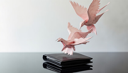 Surrealist minimalist art featuring a leather wallet with origami birds flying above on a reflective surface