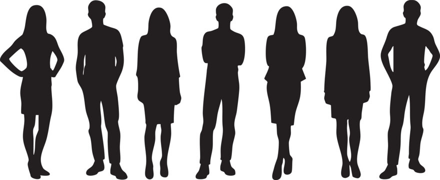 Silhouette of seven people standing in a row on a white background