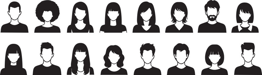 Silhouette of 16 people with various hairstyles and expressions in two rows