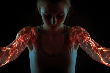 Woman reaches down with arms extended and glowing designs on her skin