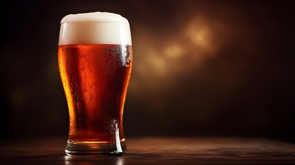Amber Pale Ale Beer in Tall Glass with Creamy Foam on Dark Background and Warm Light