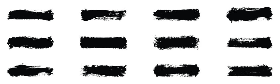 Brush stroke. Black set paint, ink brush, brush strokes, brushes, lines, frames, box, grungy.  Set of brush Black Paint Strokes using a thick brush