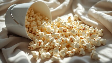 A white bucket spills popcorn onto a beige fabric surface