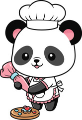 Obraz premium Cute panda chef decorating a delicious cookie with colorful icing