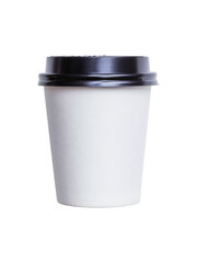 White disposable coffee cup with black lid