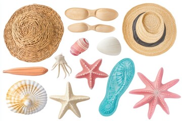 Beach accessories set with woven hat sunglasses and seashells isolated / Straw hat and sunglasses with starfish on white background for summer vacation