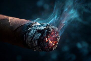 Smoldering Brown Cigar End With Ash and Ember Glowing in Dark Smoke at Close Distance