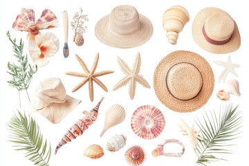 Beach accessories set with woven hat sunglasses and seashells isolated / Straw hat and sunglasses with starfish on white background for summer vacation