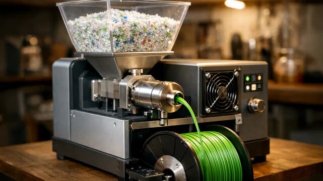 Desktop circular microfactory recycling shredded plastic into green 3D printer filament, compact filament extrusion system for local sustainable manufacturing, clean workshop setting, generative AI