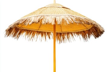 Straw beach umbrella isolated on white background for summer vacation concept
