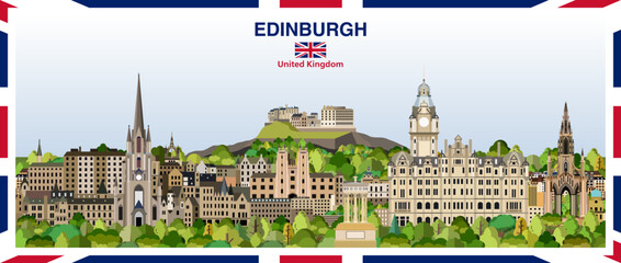 Edinburgh stylized abstract city skyline with a frame border in the colours of the United Kingdom. Vector illustration