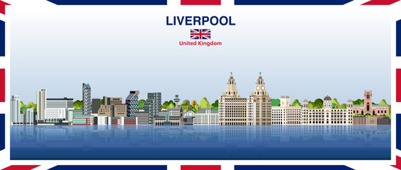 Liverpool stylized abstract city skyline with a frame border in the colours of the United Kingdom. Vector illustration