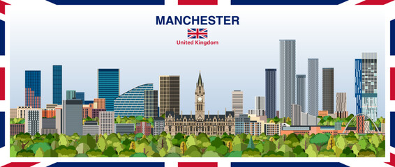 Manchester stylized abstract city skyline with a frame border in the colours of the United Kingdom. Vector illustration