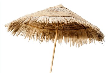 Straw beach umbrella isolated on white background for summer vacation concept