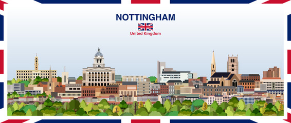 Nottingham stylized abstract city skyline with a frame border in the colours of the United Kingdom. Vector illustration