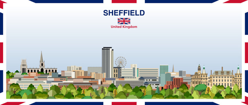 Sheffield stylized abstract city skyline with a frame border in the colours of the United Kingdom. Vector illustration