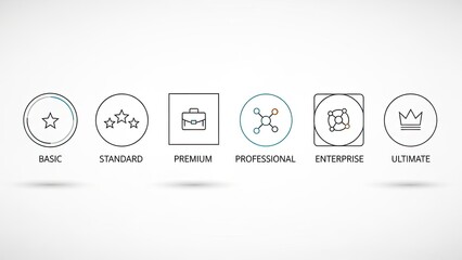 Tiered Service Levels Icons: Basic, Standard, Premium, Professional, Enterprise, Ultimate