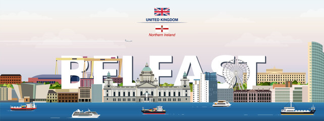 Belfast graphic stylized cityscape colorful vector illustration with big city name on the background