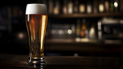 Pilsner Beer in Tall Glass with Golden Color and White Foam on Dark Bar Background