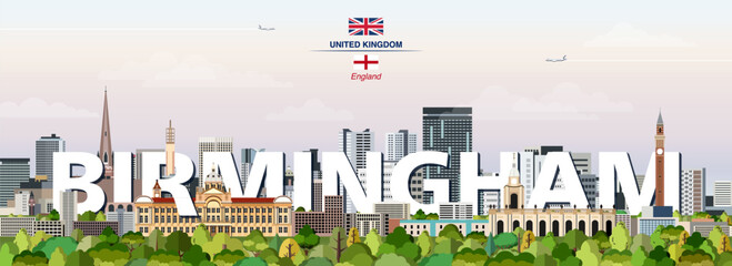 Birmingham graphic stylized cityscape colorful vector illustration with big city name on the background