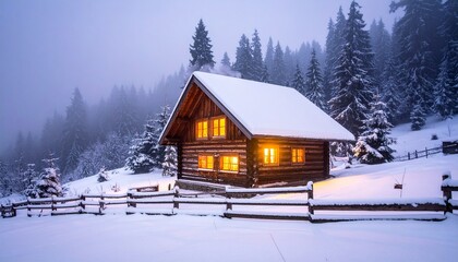 Wooden cabin with glowing windows in snowy forest, mist rising over serene winter landscape.