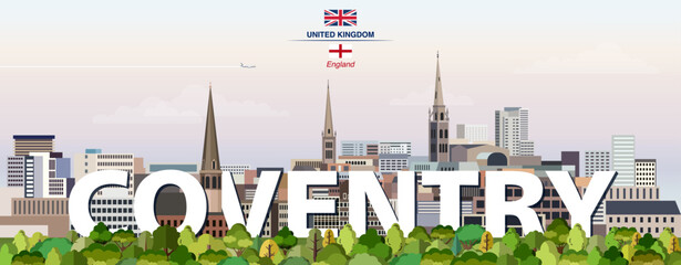 Coventry graphic stylized cityscape colorful vector illustration with big city name on the background