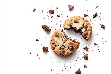 Top view of Fresh chocolate chip cookie with crumbs isolated on white background