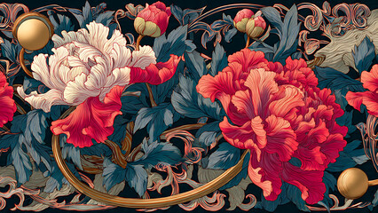 Elegant Art Nouveau whiplash curves and floral motifs merged with the bold outlines and flat colors of Japanese Ukiyo-e woodblock prints.