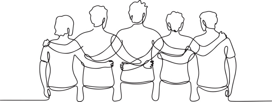 Single continuous line drawing about group of men and woman from multi ethnic standing together to show their friendship bonding. Unity in diversity concept. one line Icon drawing