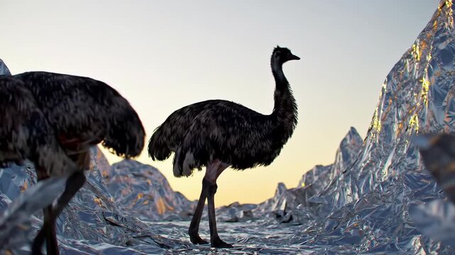 Majestic emu walking through crystalline ice landscape at dusk