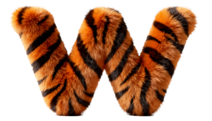 3D Render Wallpaper of a fluffy tiger-striped letter 'W' with black stripes on an orange background, perfect for modern design and copy space.