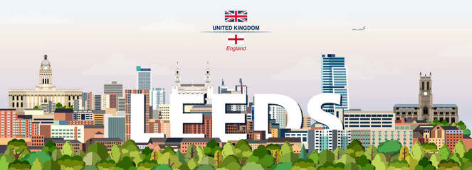 Leeds graphic stylized cityscape colorful vector illustration with big city name on the background
