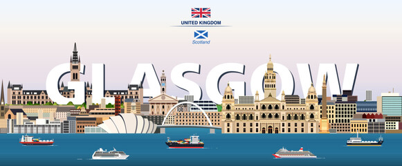 Glasgow graphic stylized cityscape colorful vector illustration with big city name on the background