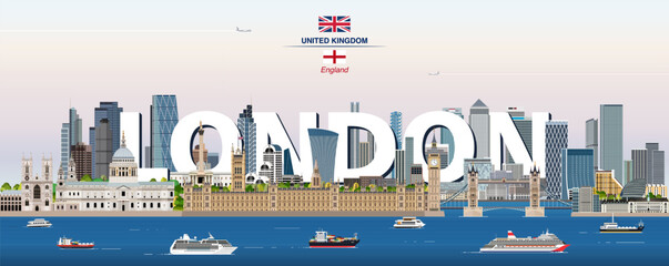 London graphic stylized cityscape colorful vector illustration with big city name on the background