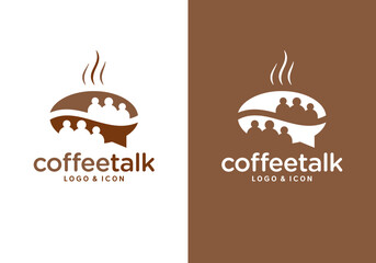 Coffee bean icon logo design vector with chat bubble and people, simple coffee shop logo.
