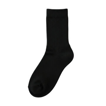 pristine black sock of fine mercerized cotton, flat lay on a stark white background with high contrast lighting, conceptual study of basic apparel