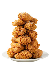 A hyper-detailed, towering stack of golden-brown fried chicken, showcasing intensely crispy, craggy texture and rising steam, meticulously arranged on a glossy white plate against a pure studio