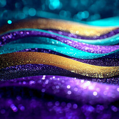 Glitter Golden Teal Violet Wave Stripes Design Sparkle Motion Lines with bokeh effect background