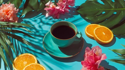 A colorful coffee cup sits on a teal surface, surrounded by tropical leaves, orange slices, and pink flowers, creating a vibrant and lively atmosphere.