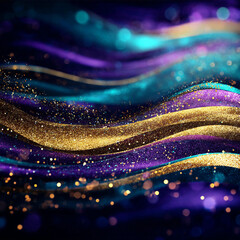 Glitter Golden Teal Violet Wave Stripes Design Sparkle Motion Lines with bokeh effect background