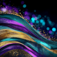 Glitter Golden Teal Violet Wave Stripes Design Sparkle Motion Lines with bokeh effect background