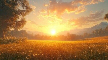 golden sunrise with glowing clouds and warm light, bright early morning landscape
