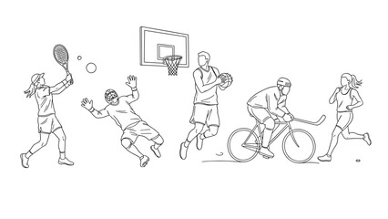Fototapeta premium Linear outline of various outdoor sports activities in motion