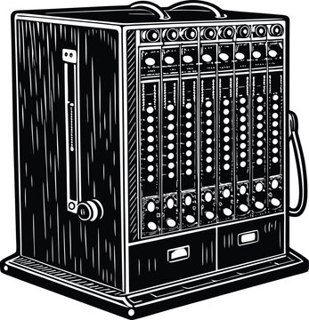 Vintage black and white telephone switchboard with dials and buttons
