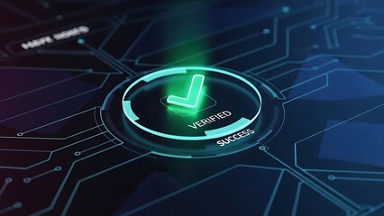 Digital Approval: Verified Checkmark on Futuristic Circuit Board Interface & Technology