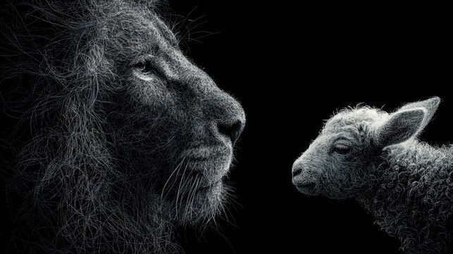 A lion and a lamb are depicted together in a dark space. The lion shows strength and power while the lamb appears gentle and soft. The scene highlights their differences.