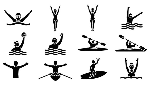 Athletic water sports icons featuring swimming, rowing, and surfing silhouettes