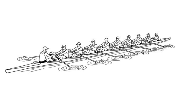Team rowing sketch: linear outline of athletes paddling in synchrony on water