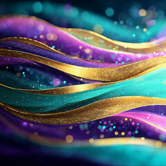 Glitter Golden Teal Violet Wave Stripes Design Sparkle Motion Lines with bokeh effect background